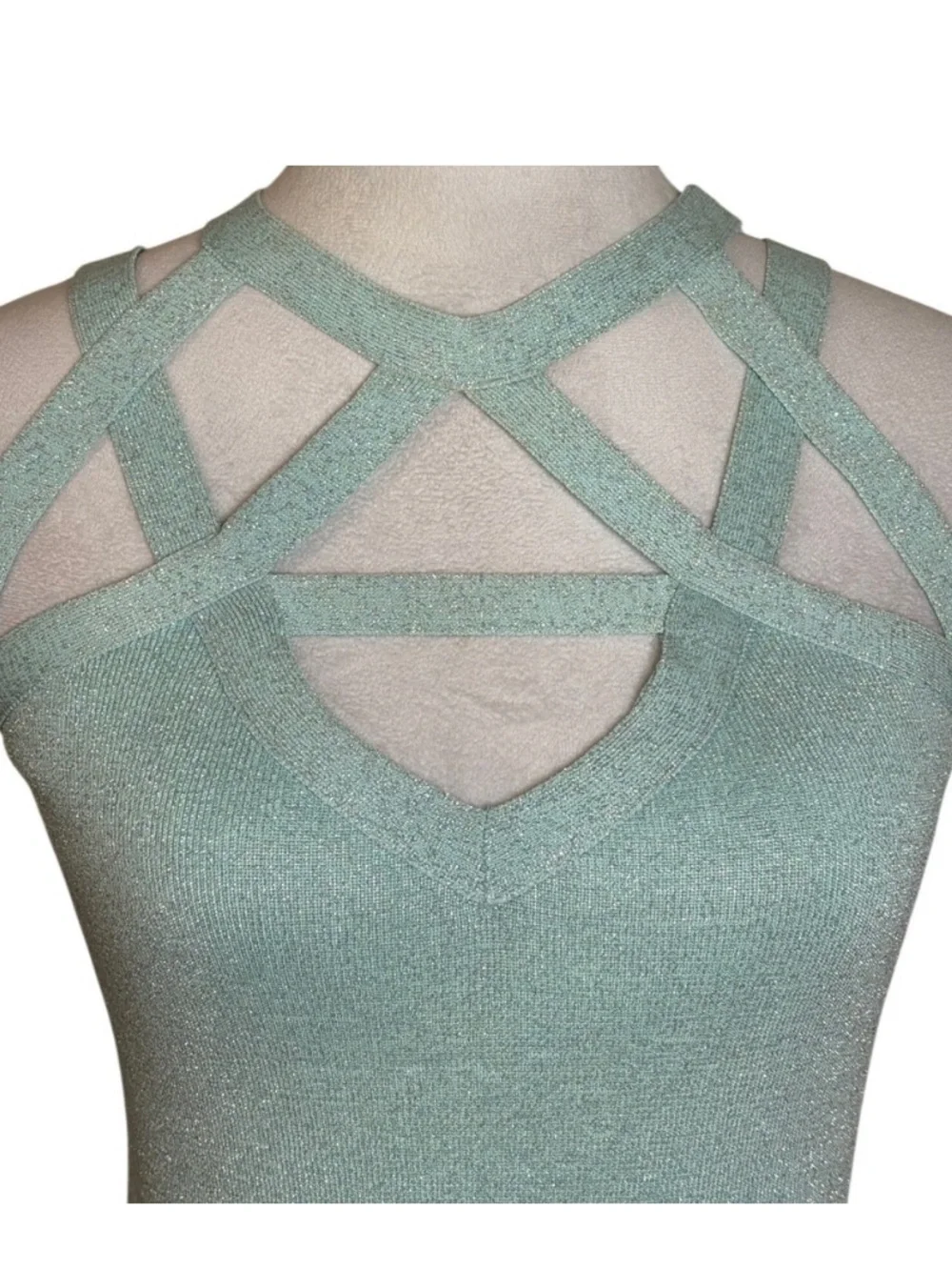 Mint Green Metallic Bandage Top XS Tank Stretch Shimmer Y2K - Picture 3 of 10